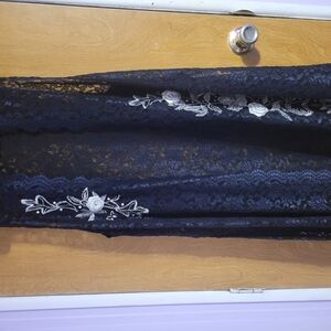 Elegant Navy Blue Lace Duster with Silver Floral Embroidery